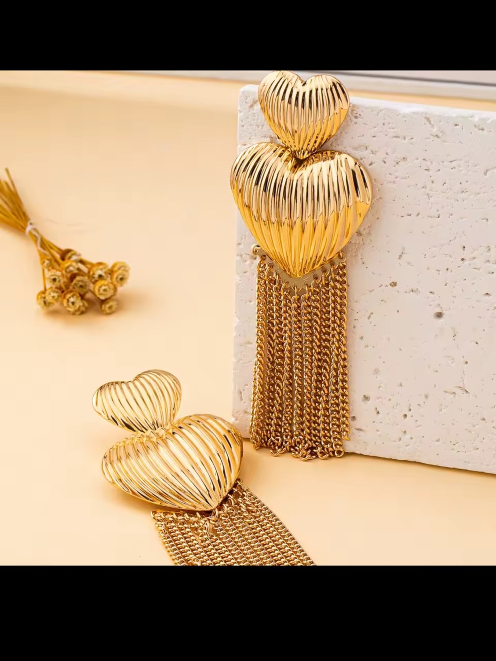Gold Heart Tassel Drop Earrings - Picture 6 of 9